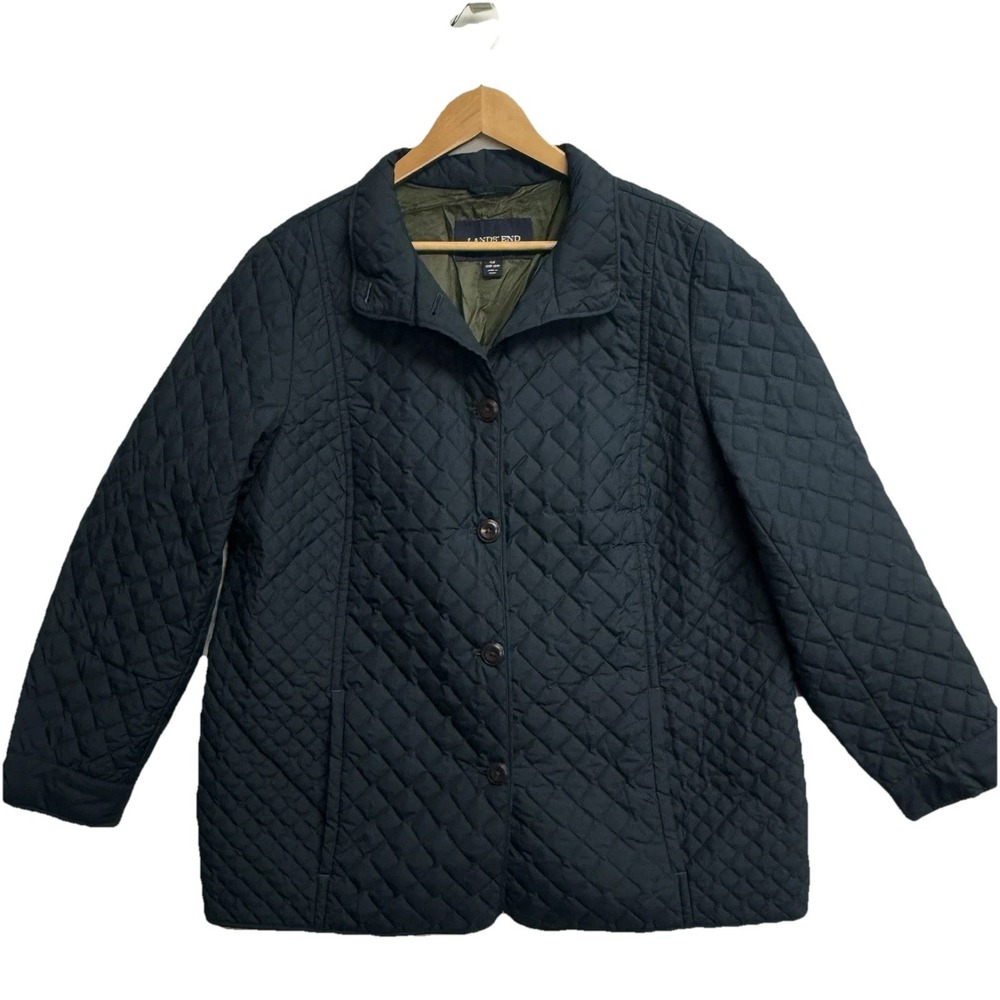 Lands End Plus Size Quilted Jacket Women's 1X Navy Insulated Barn Coat‎ Button